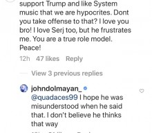 SYSTEM OF A DOWN’s JOHN DOLMAYAN Hopes SERJ TANKIAN Was ‘Misunderstood’ When He Branded Fans Who Support TRUMP ‘Hypocrites’